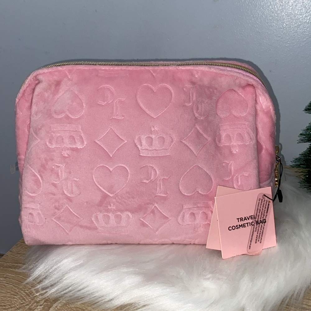 Juicy Couture Heart Logo Pink Velour Pressed Pattern Cosmetic Travel Bag NWT - Picture 2 of 2